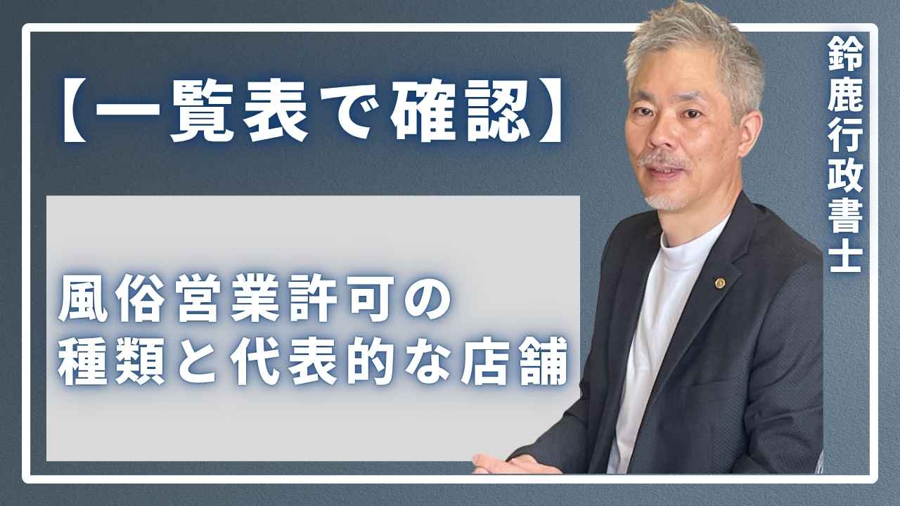 風営法の専門家である鈴鹿行政書士が、事務所で風俗営業許可の種類をまとめた一覧表を使って、どの店舗がどの許可に該当するのかを丁寧に説明している様子。